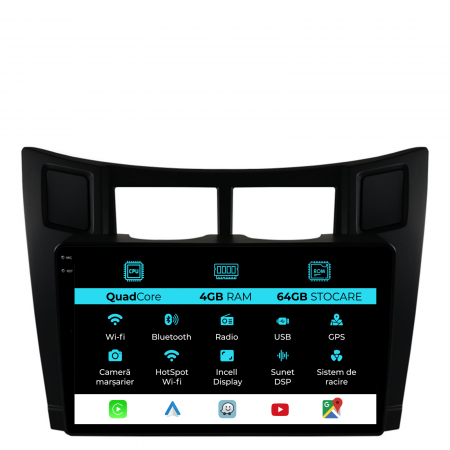 Yaris P9 (2005 - 2011) - Navigatie Dedicata Toyota Yaris (2005-2011),QuadCore, 9Inch, 4Gb Ram, 64Gb Stocare, Carplay