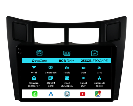 Yaris P9 (2005 - 2011) - Navigatie Dedicata Toyota Yaris (2005-2011), 2K, 8Gb Ram, 256Gb Stocare, Carplay