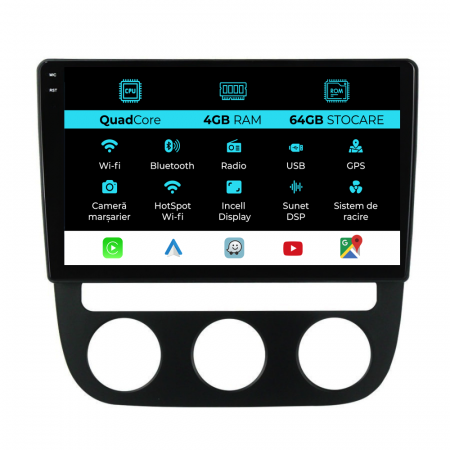 Golf 5 (2004 - 2009) - Navigatie Dedicata Volkswagen Golf5/Jetta (2004-2009),QuadCore, 10Inch, 4Gb Ram, 64Gb Stocare, Carplay - Clima Automata
