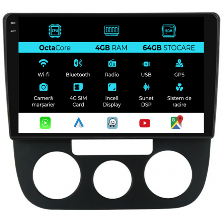 Golf 5 (2004 - 2009) - Navigatie Dedicata Volkswagen Golf5/Jetta (2004-2009), 10Inch, 4Gb Ram, 64Gb Stocare, Carplay - Clima Manuala