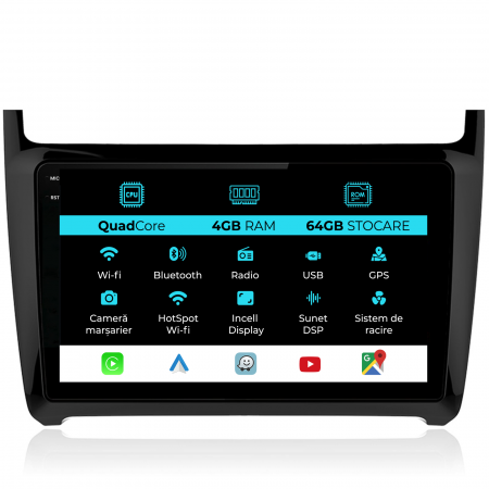 Polo (2009 - 2018) - Navigatie Dedicata Volkswagen Polo (2009-2018),QuadCore, 9Inch, 4Gb Ram, 64Gb Stocare, Carplay