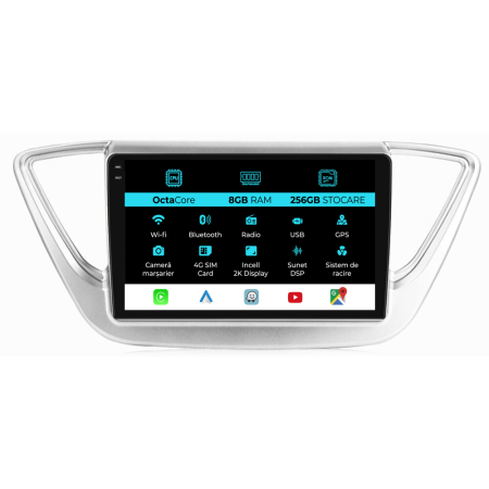 Accent (2017 - 2020) - Navigatie Hyundai Accent (2017 - 2020), 2K, 8Gb Ram, 256Gb Stocare, Android Auto, Carplay