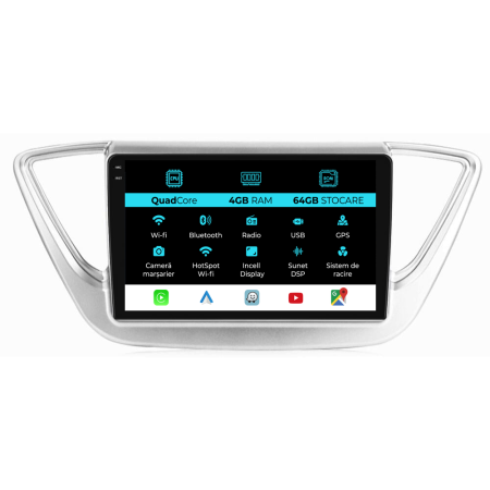 Accent (2017 - 2020) - Navigatie Hyundai Accent (2017 - 2020),QuadCore, 9 Inch, 4Gb Ram, 64Gb Stocare, Android Auto, Carplay