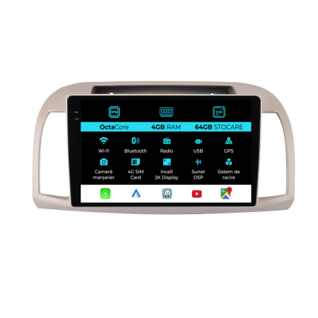 Micra 3 (2003 - 2010) - Navigatie Nissan Micra k12 (2002 - 2010), 2K, 4Gb Ram, 64Gb Stocare, Android Auto, Carplay