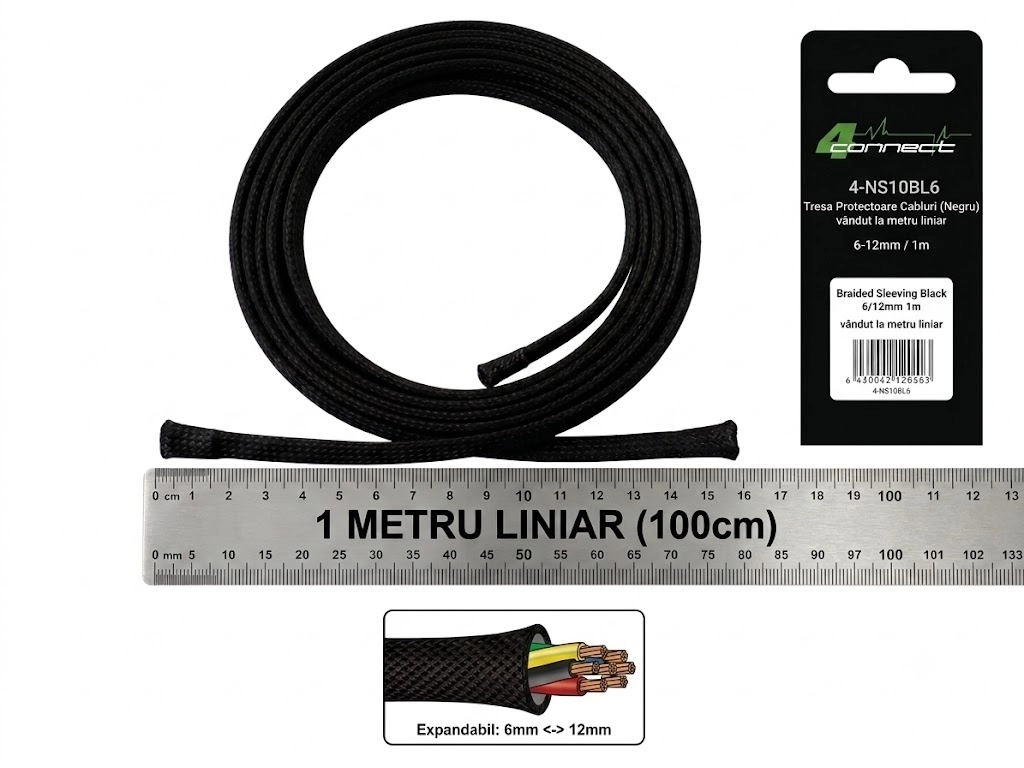 CarAudio - Tresa Cabluri FOUR Connect 4-NS10BL6, 6/12mm, Neagra, Metru Liniar