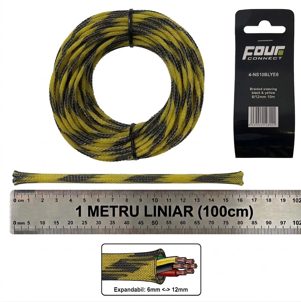 CarAudio - Tresa Cabluri FOUR Connect 4-NS10BLYE6, 6/12mm, Neagra/Galbena, Metru Liniar