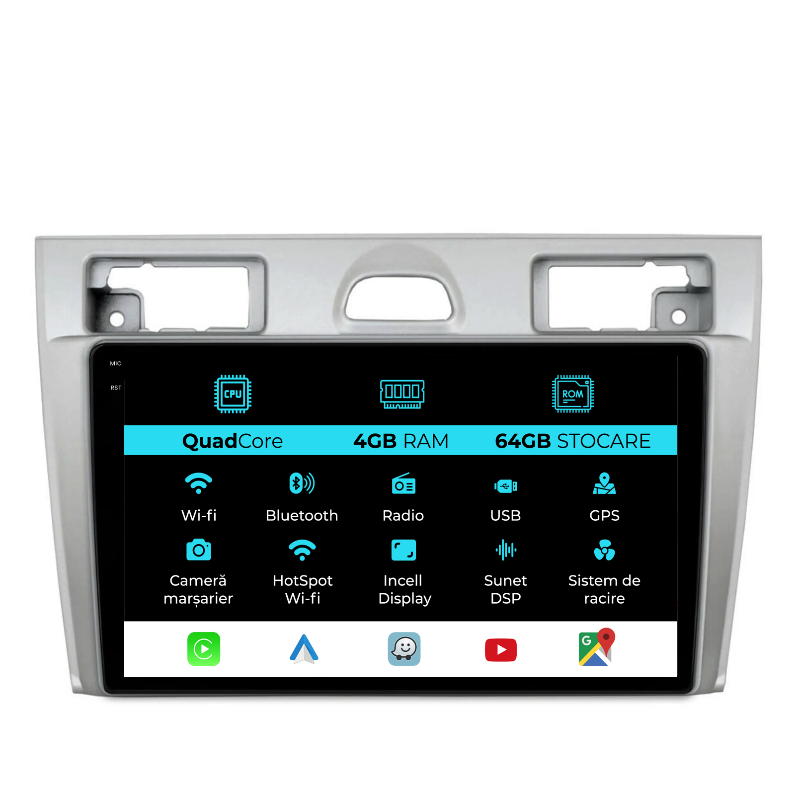 Navigatie Dedicata Ford Fiesta (2006-2011),QuadCore, 9Inch, 4Gb Ram, 64Gb Stocare, Carplay