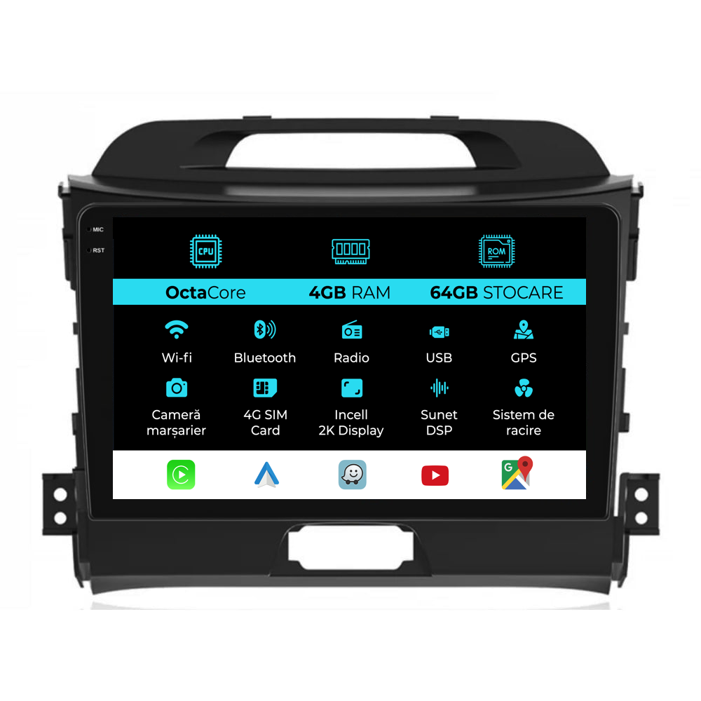 Navigatie Dedicata Kia Sportage (2010-2016), 2K, 4Gb Ram, 64Gb Stocare, Carplay