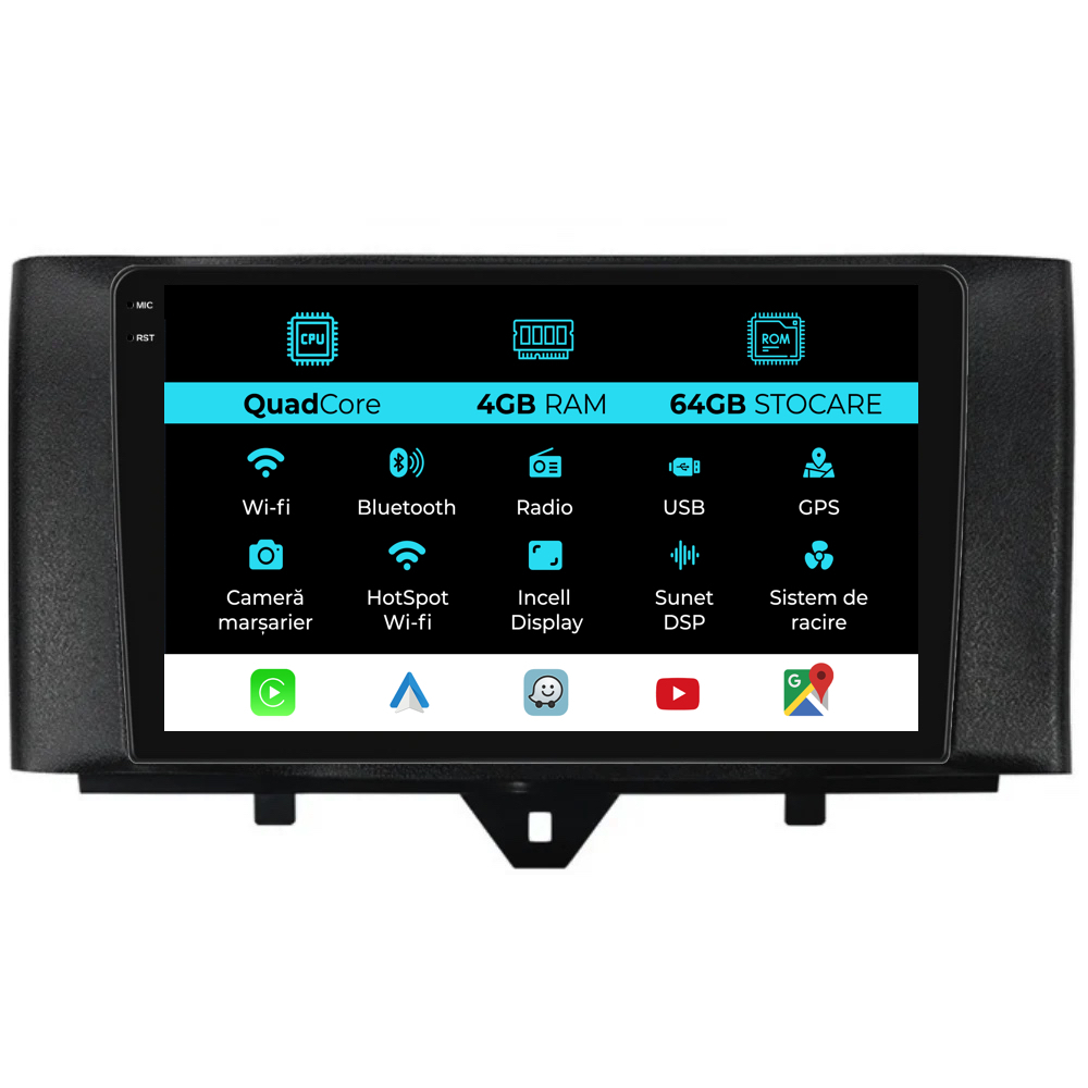 Navigatie Dedicata Smart For Two (2010-2015) For Four (2010-2015),QuadCore, 9Inch, 4Gb Ram, 64Gb stocare, Carplay