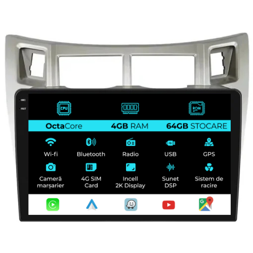 Navigatie Dedicata Toyota Yaris (2005-2011), 2K, 4Gb Ram, 64Gb Stocare, Carplay