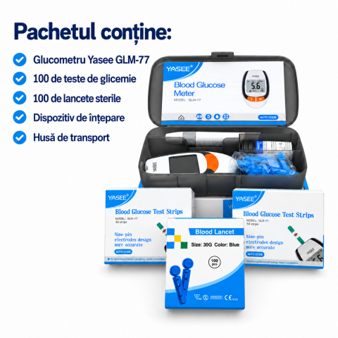 Diabet - Pachet complet monitorizare glicemie YASEE GLM-77 cu 100 teste și 100 ace pentru glicemie (lancete)