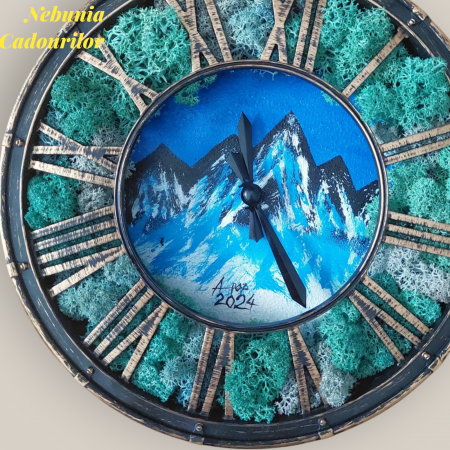 Ceasuri - Ceas cu licheni stabilizati pictat manual Muntele Vietii 20cm