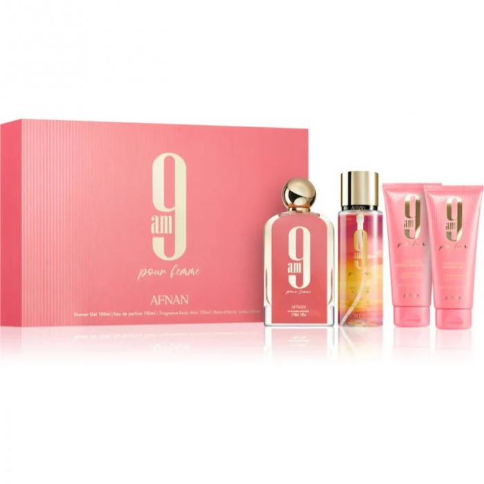 Afnan - 9 AM Pour Femme Gift Set, apa de parfum 100 ml  + gel de dus, lotiune & body mist – Set Cadou Femei [1]