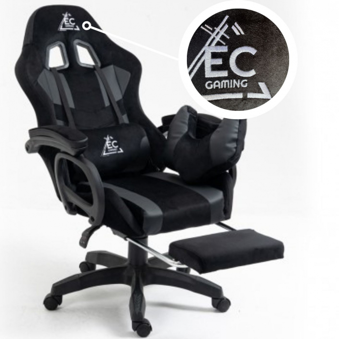Scaun de gaming, EC Gaming, Piele Ecologica si Velur, Suport Picioare, Functia Seat Rest, Negru [5]