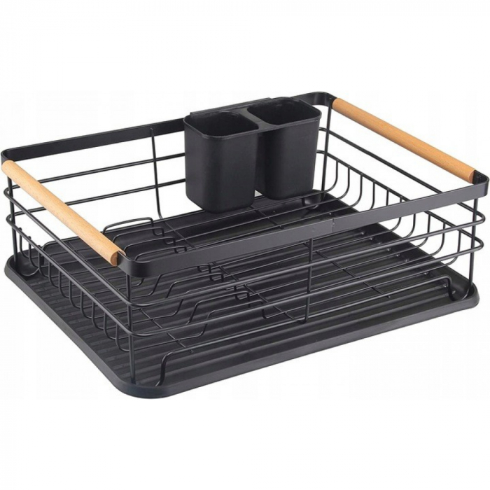 Scurgator vase chiuveta, cu suport tacamuri, manere imbracate cu lemn, NEP STORE, negru, 43x30, 5x14cm [4]