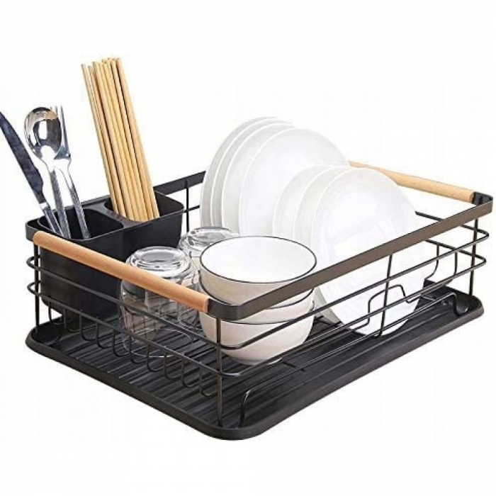 Scurgator vase chiuveta, cu suport tacamuri, manere imbracate cu lemn, NEP STORE, negru, 43x30, 5x14cm [1]