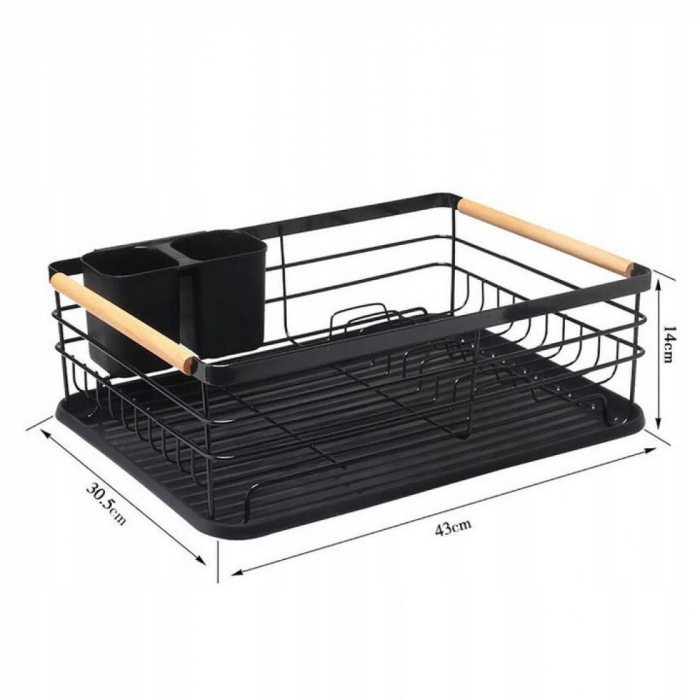 Scurgator vase chiuveta, cu suport tacamuri, manere imbracate cu lemn, NEP STORE, negru, 43x30, 5x14cm [3]