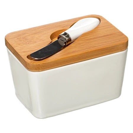 Home & Deco - Bol pentru depozitare unt, ceramic, capac bambus, cutit, 13.5 x 9.3 x 9 cm