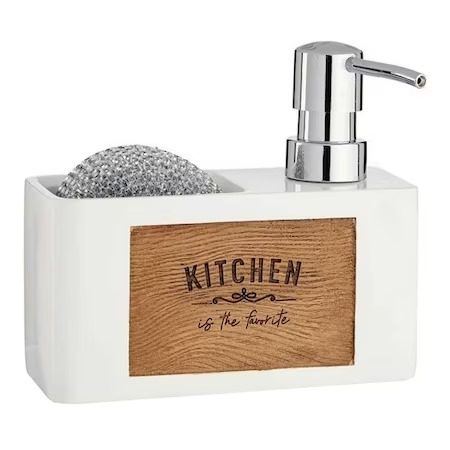 Home & Deco - Dispenser detergent lichid cu suport burete, Kinvara, burete sarma inclus, alb