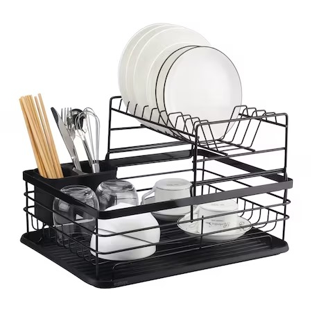 Home & Deco - Scurgator, picurator vase chiuveta etajat, cu suport tacamuri, negru, 43x32x27cm