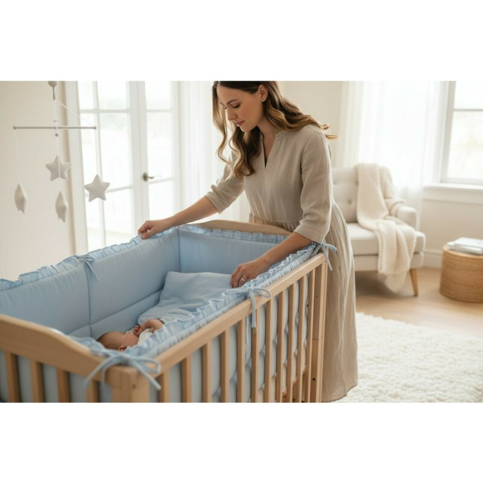 Aparatoare pentru patut, MimiNu, Cu volanase, Din bumbac certificat Oeko Tex Standard 100, 180x30 cm, Cu panglici, Colectia Royal, Blue [3]