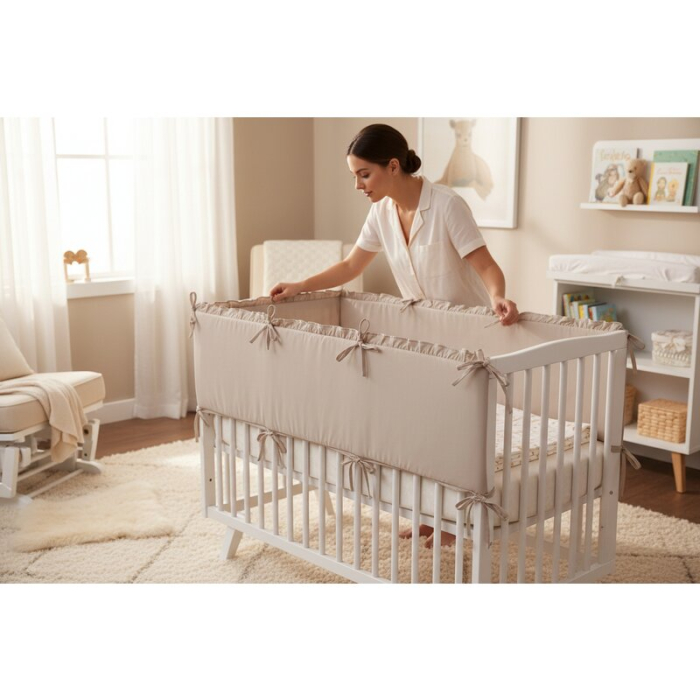 Aparatoare pentru patut, MimiNu, Cu volanase, Din bumbac certificat Oeko Tex Standard 100, 180x30 cm, Cu panglici, Colectia Royal, Mocha [3]