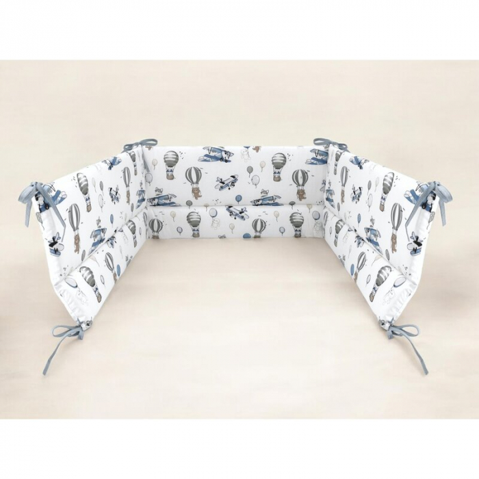 Aparatoare pentru patut, MimiNu, Din bumbac certificat Oeko Tex Standard 100, 180x30 cm, Cu panglici, Blue Plane [2]