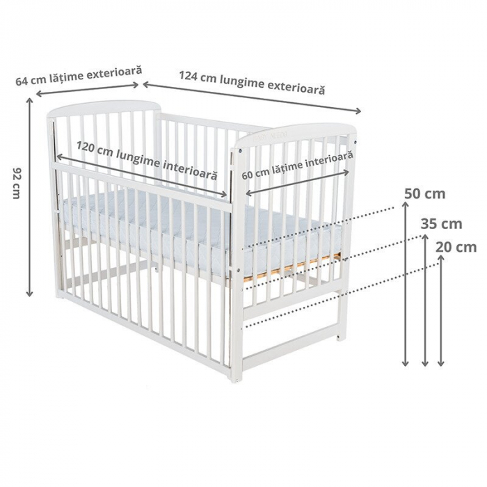 Patut din lemn de pin si Mdf alb Ola 120x60 cm, Cu laterala culisanta si saltea 10 cm [3]