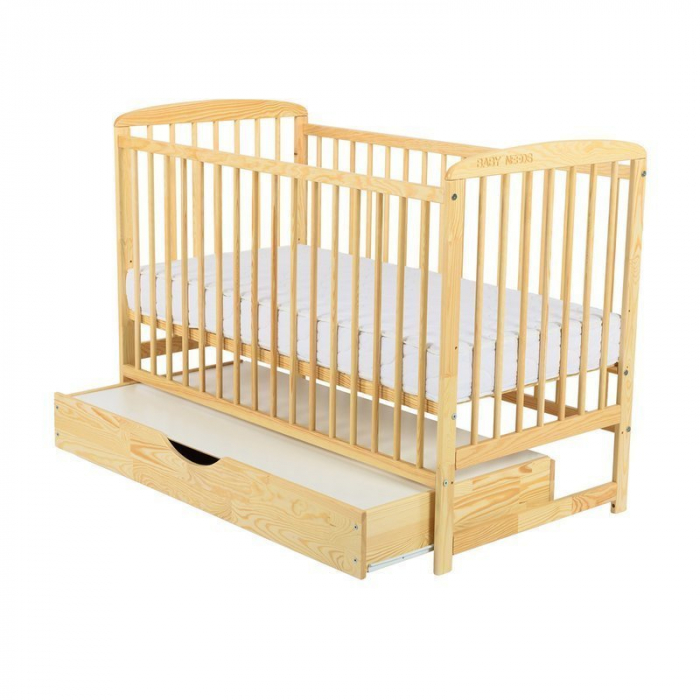 Patut din lemn pin si mdf Ola 120x60 cm, Cu sertar cu capac si saltea de 8cm , natur [2]