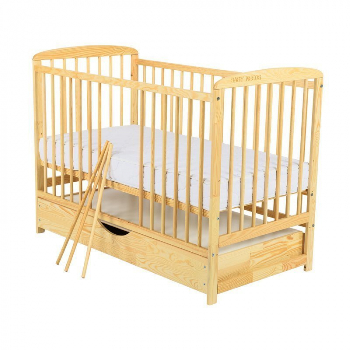 Patut din lemn pin si mdf Ola 120x60 cm, Cu sertar cu capac si saltea de 8cm , natur [5]