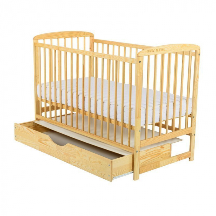 Patut din lemn pin si mdf Ola 120x60 cm, Cu sertar cu capac si saltea de 12cm ,  Natur [4]