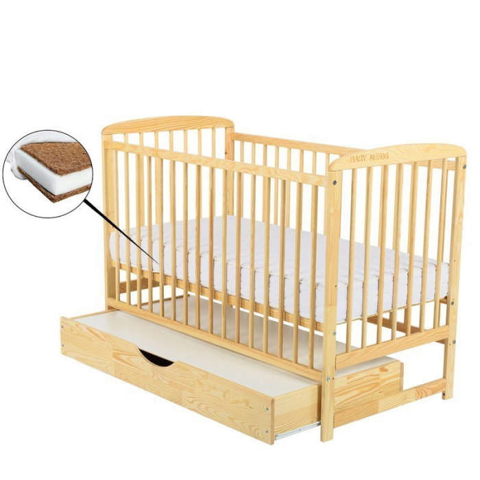 Patut din lemn pin si mdf Ola 120x60 cm, Cu sertar cu capac si saltea de 8cm , natur [1]