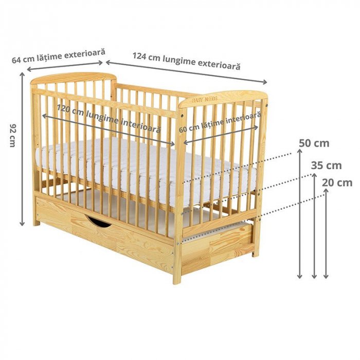 Patut din lemn pin si mdf Ola 120x60 cm, Cu sertar cu capac si saltea de 8cm , natur [6]