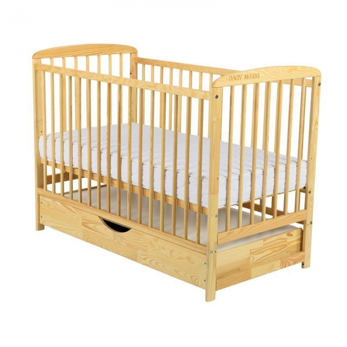 Patut din lemn pin si mdf Ola 120x60 cm, Cu sertar cu capac si saltea de 8cm , natur [4]
