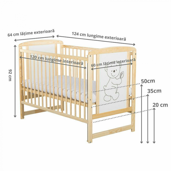 Patut din lemn pin si mdf Timmi 120x60 cm, Cu laterala culisanta, si saltea de 10 cm [5]