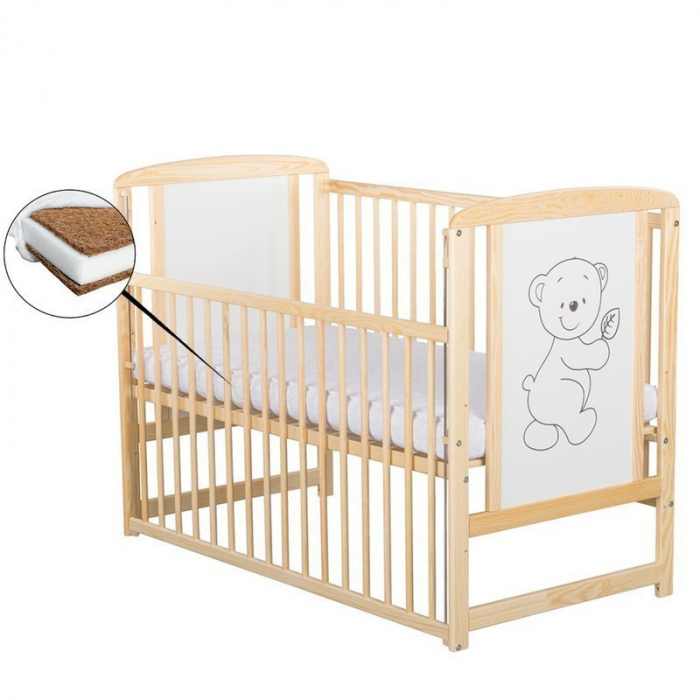 Patut din lemn de pin Timmi 120x60 cm, Cu laterala culisanta, saltea de 12 cm , lemn natur [1]
