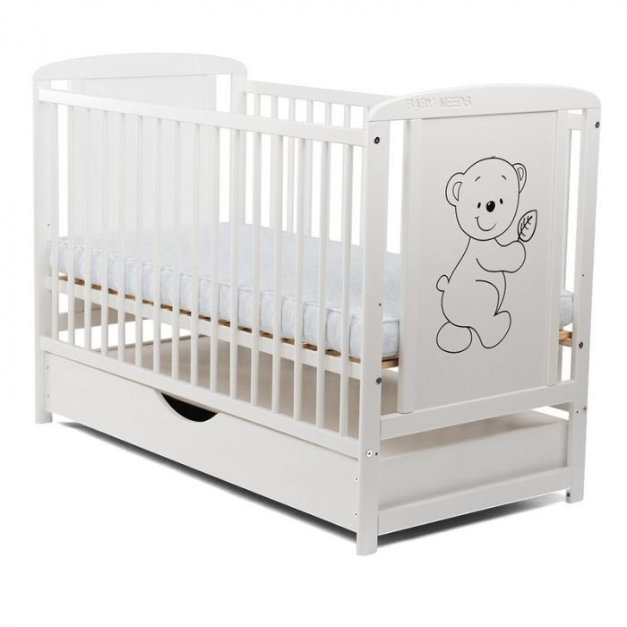 Patut din lemn pin si mdf Timmi 120x60 cm, Cu sertar cu capac si saltea de 12cm , Alb [2]