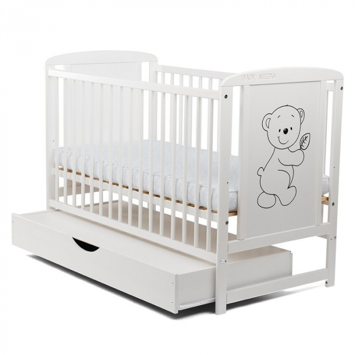 Patut din lemn  pin si mdf Timmi 120x60 cm, Cu sertar cu capac si saltea de 8 cm , Alb [2]