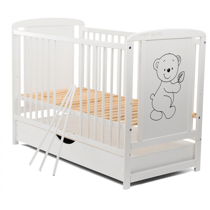 Patut din lemn pin si mdf Timmi 120x60 cm, Cu sertar, capac si saltea 10 cm [8]