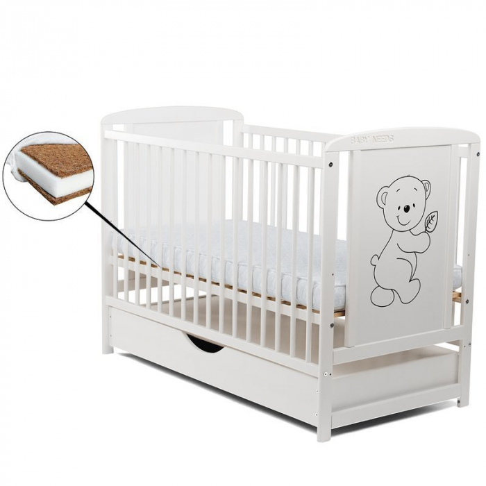 Patut din lemn pin si mdf Timmi 120x60 cm, Cu sertar cu capac si saltea de 12cm , Alb [1]