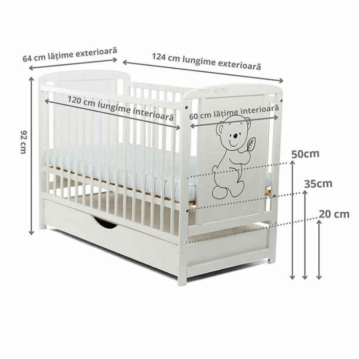 Patut din lemn  pin si mdf Timmi 120x60 cm, Cu sertar cu capac si saltea de 8 cm , Alb [5]