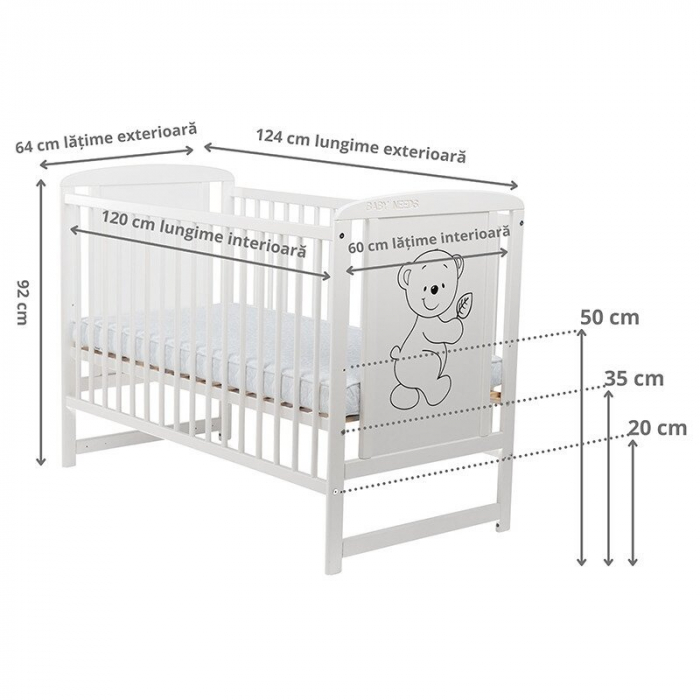 Patut din lemn pin+mdf alb, 120x60 cm cu saltea de 10 cm reglabila pe 3 nivele [3]