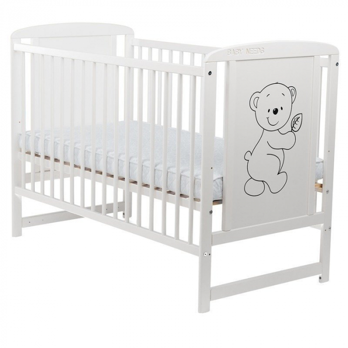Patut din lemn pin si mdf Timmi 120x60 cm, Laterala cu 3 bete detasabile, cu Saltea 8 cm , alb [2]