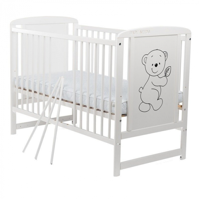 Patut din lemn pin si mdf Timmi 120x60 cm,Laterala cu 3 bete detasabile, cu Saltea 12 cm , alb [2]