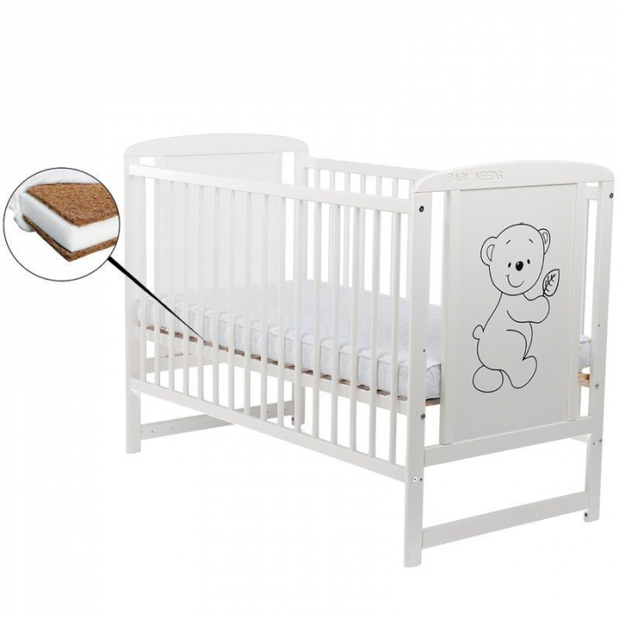Patut din lemn pin si mdf Timmi 120x60 cm, Laterala cu 3 bete detasabile, cu Saltea 8 cm , alb [1]