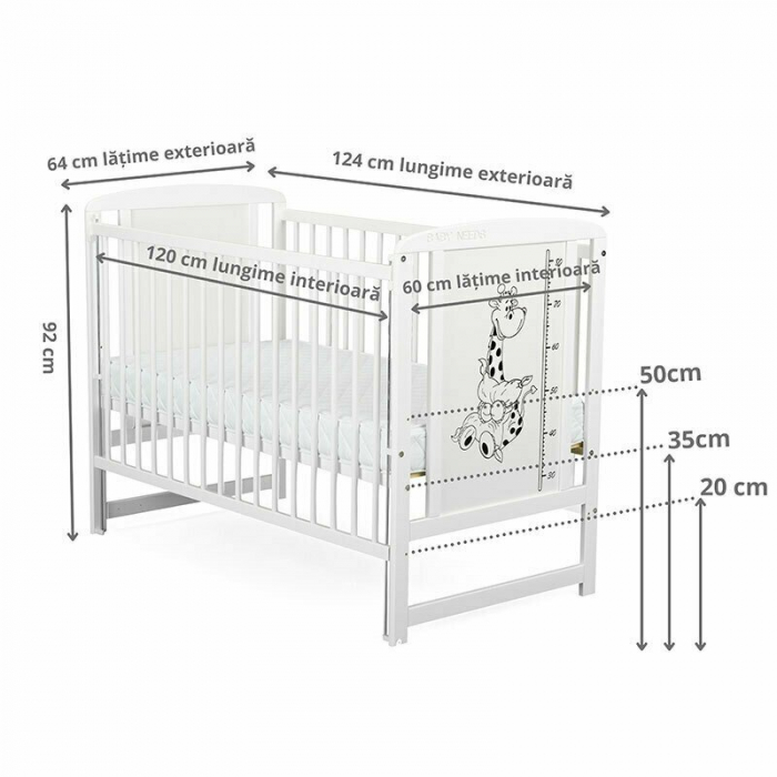 Patut din lemn de pin Timmi Girafa 120x60 cm, Cu laterala culisanta, si saltea de 12 cm , alb [4]