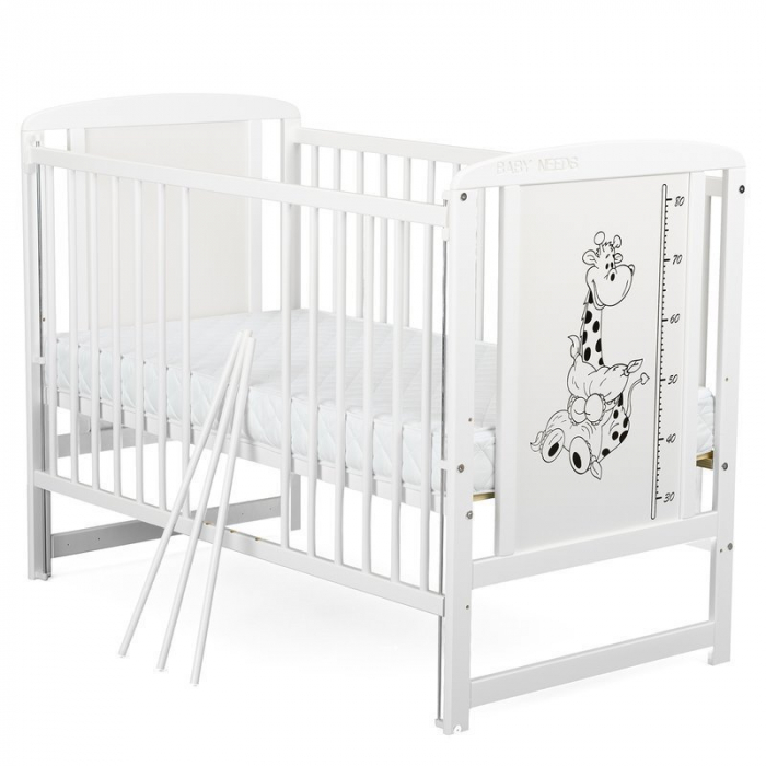 Patut din lemn de pin Timmi Girafa 120x60 cm, Cu laterala culisanta, si saltea de 12 cm , alb [3]