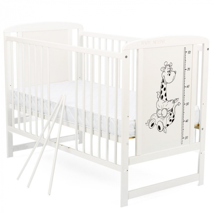 Patut din lemn de pin Timmi Girafa 120x60 cm, Laterala cu 3 bete detasabile, cu saltea de 10 cm , Alb [2]