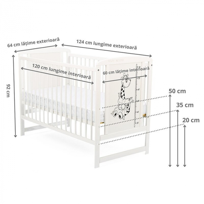 Patut din lemn de pin Timmi Girafa 120x60 cm, Laterala cu 3 bete detasabile, cu saltea de 8cm , Alb [4]
