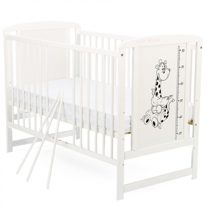 Patut din lemn de pin Timmi Girafa 120x60 cm, Laterala cu 3 bete detasabile, cu saltea de 8cm , Alb [2]